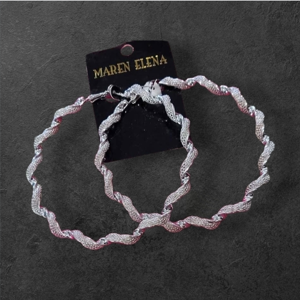 NWT Maren Elena For Nadine West Silver Oversized Twisted Hoop Earrings ~4"
